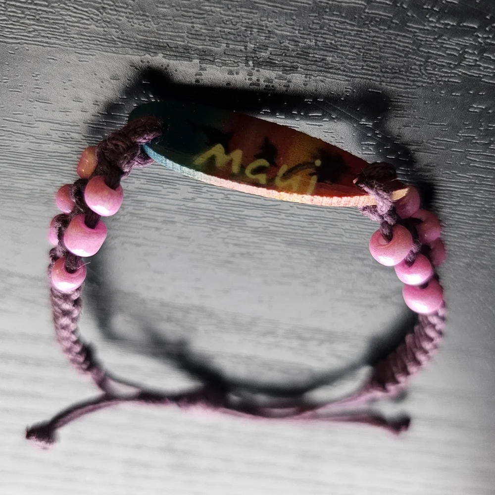 Vintage Maui Surfboard Bracelet Purple String w/ Pink Beads OS